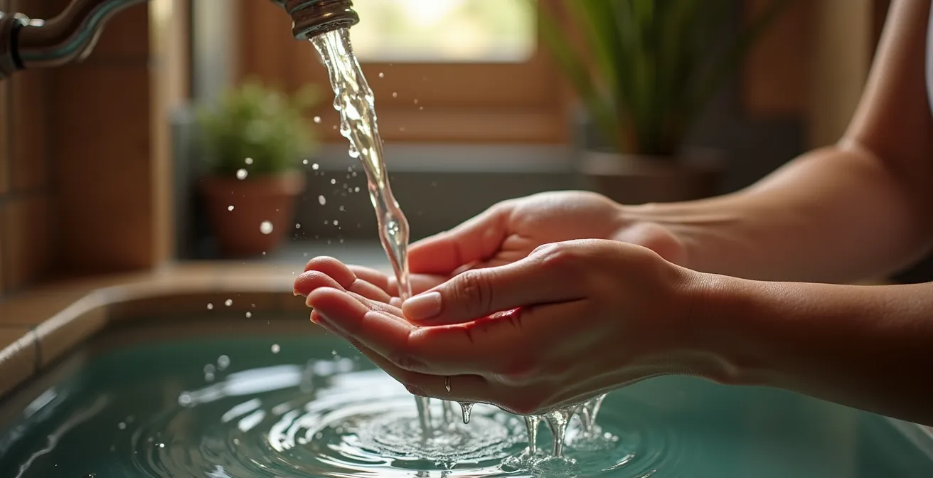 Manos bajo agua tibia en un gesto que evoca el ritual de limpieza facial.
