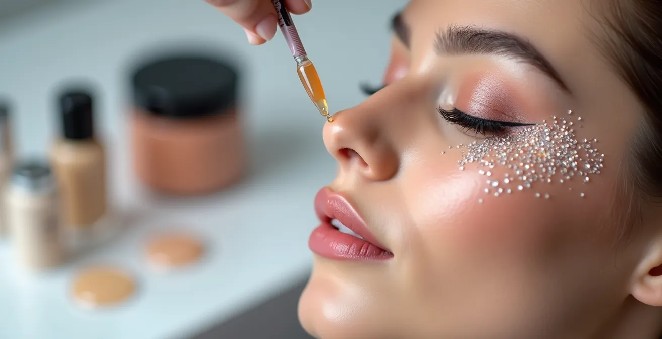 Aplicación profesional de adhesivo mástix en piel para elementos decorativos de carnaval