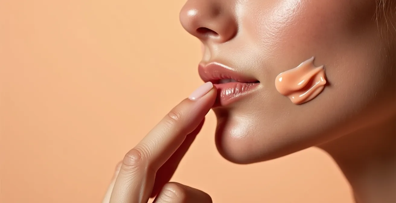 Manos aplicando BB cream con movimientos circulares en rostro maduro