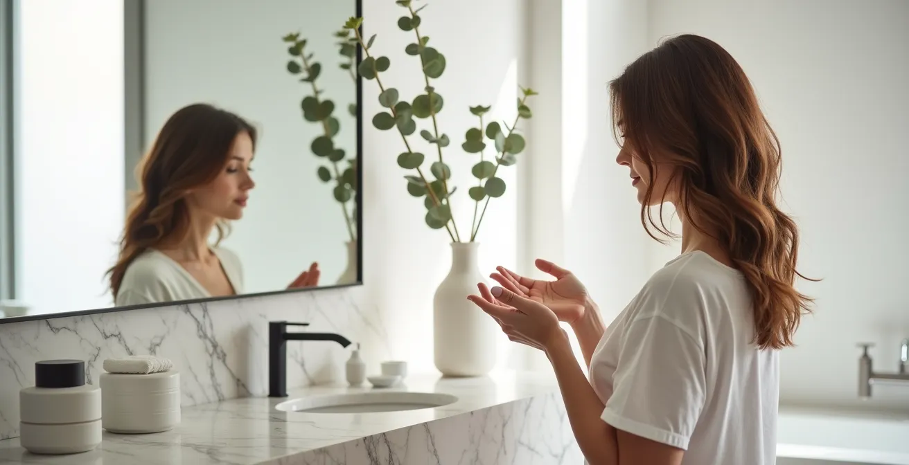 Ambiente minimalista mostrando la técnica correcta de aplicación de cera en cabello ondulado