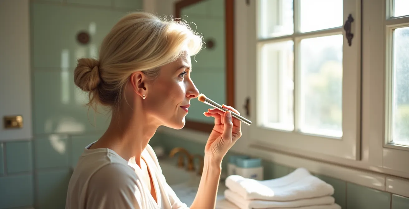Brocha aplicando polvo translúcido en el párpado superior con técnica de baking localizado