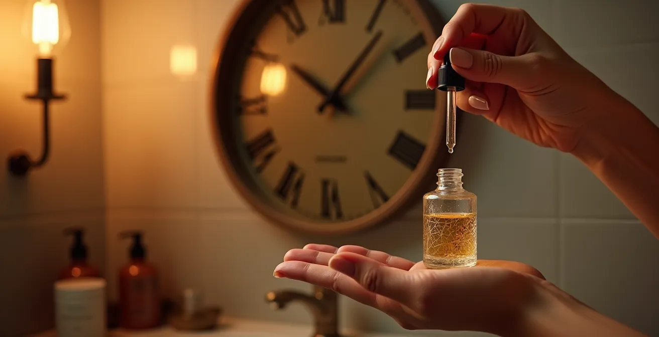 Reloj mostrando tiempo de espera para aplicación de retinol en rutina nocturna