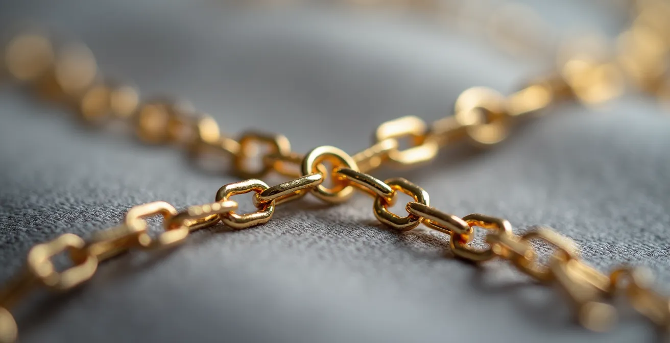 Detalle macro de eslabones delicados de cadena de oro mostrando puntos de tensión y desgaste