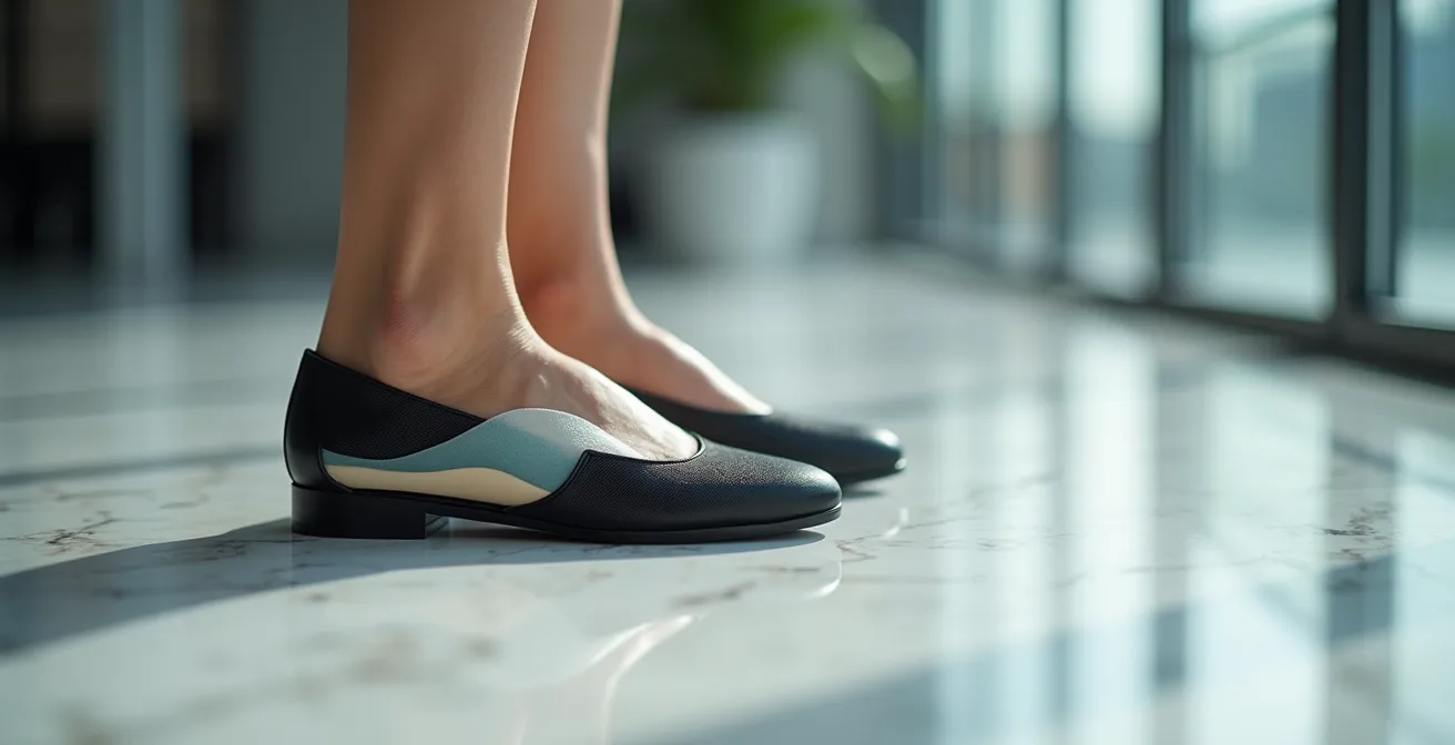 Vista lateral de zapatos de oficina con plantilla ergonómica visible
