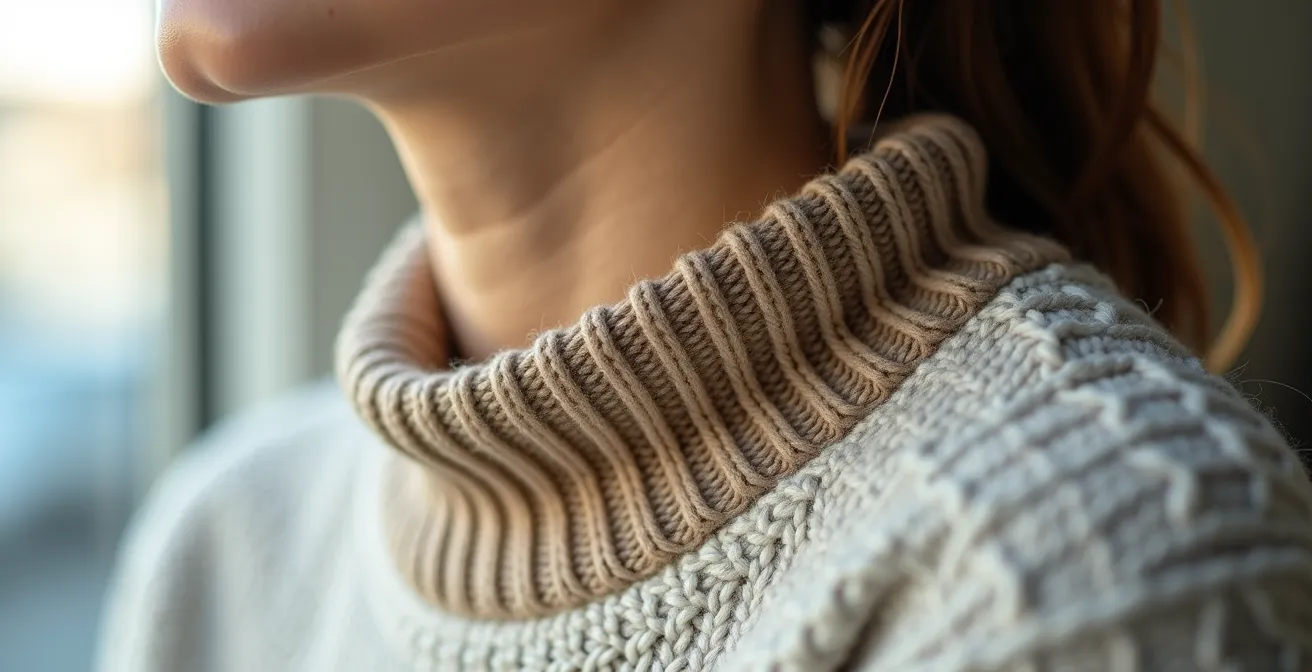 Detalle de superposición de tres capas de punto en tonos neutros mostrando texturas