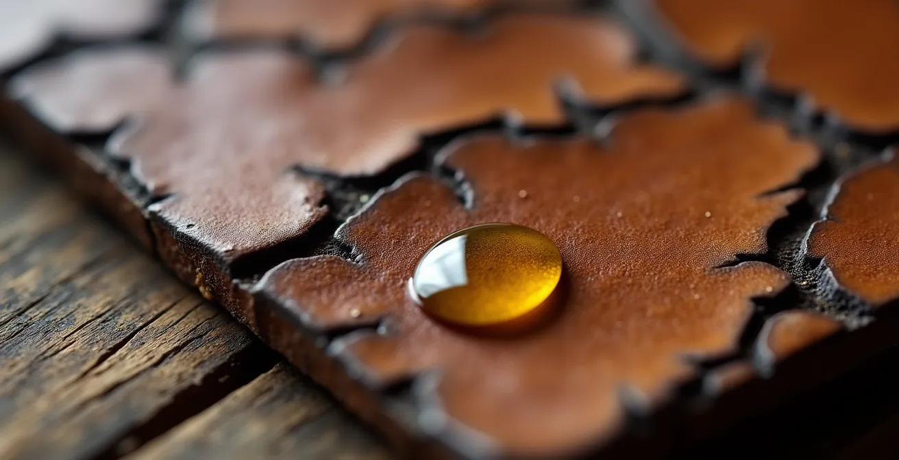 Detalle macro de cuero de cinturón siendo tratado con aceite de oliva