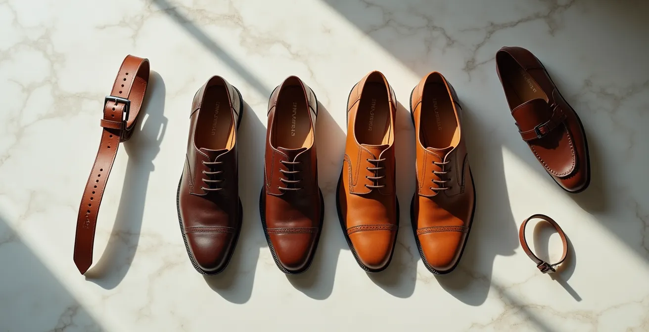 Conjunto elegante de zapatos y cinturón de cuero con diferentes tonos de marrón mostrando pátina natural