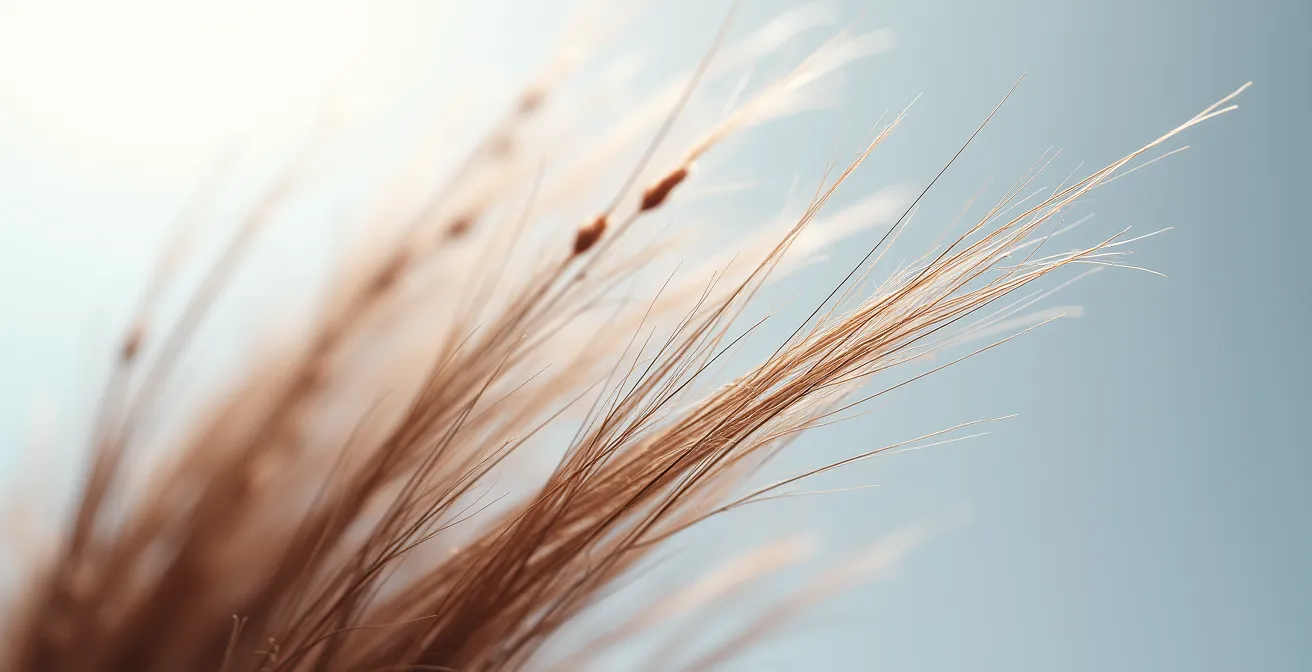 Vista macro de la estructura capilar dañada por tratamientos químicos incompatibles