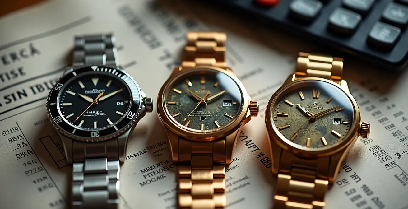 Composición artística mostrando tres relojes de diferentes épocas sobre superficie de inversión