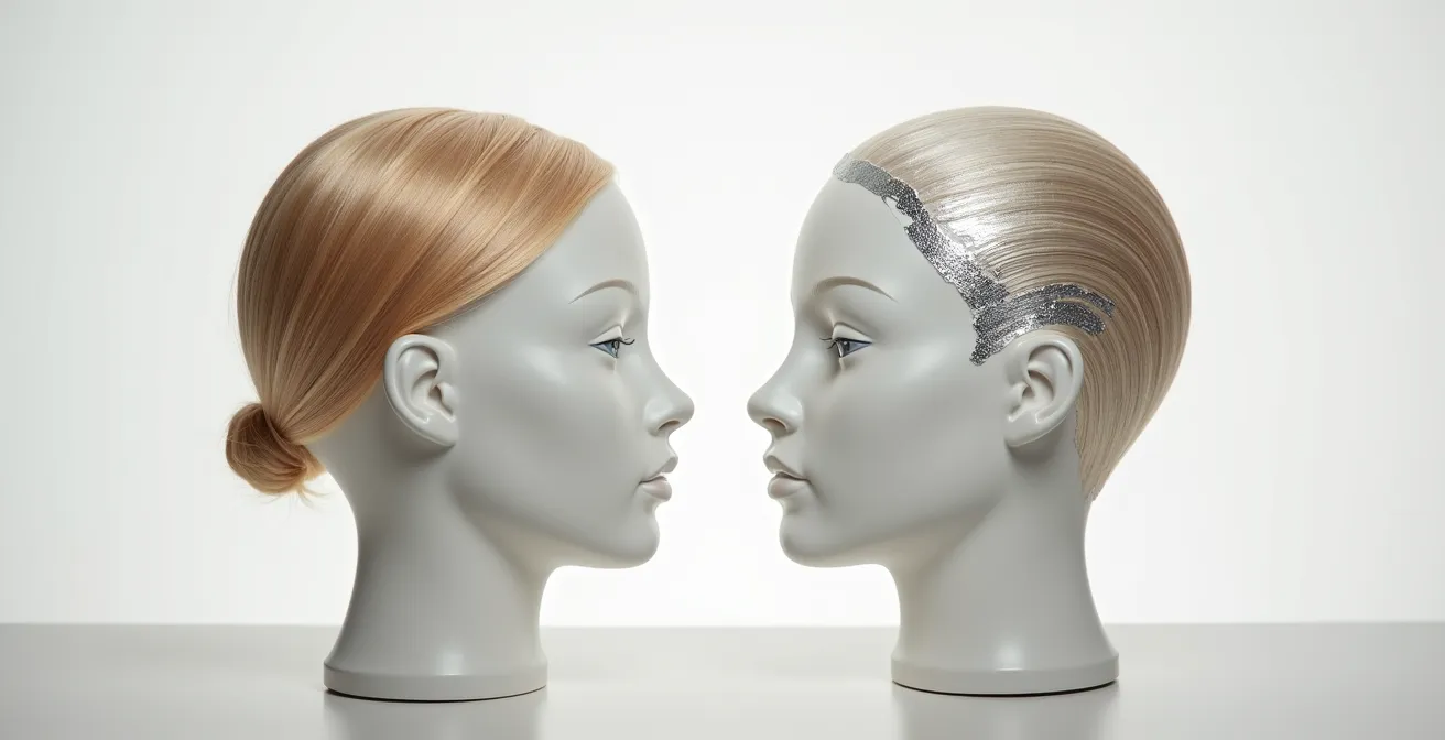 Comparación lado a lado de técnicas balayage y babylights en cabello con canas