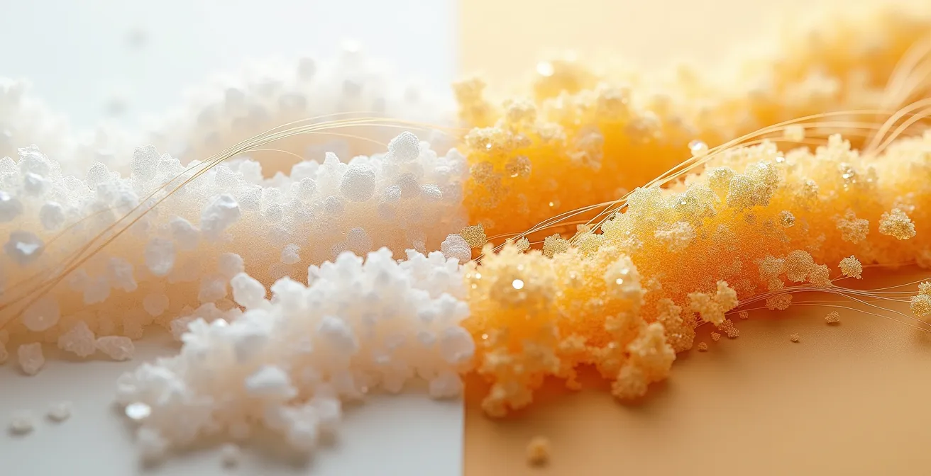 Comparación macro de texturas de sal y azúcar sobre mechones de cabello teñido