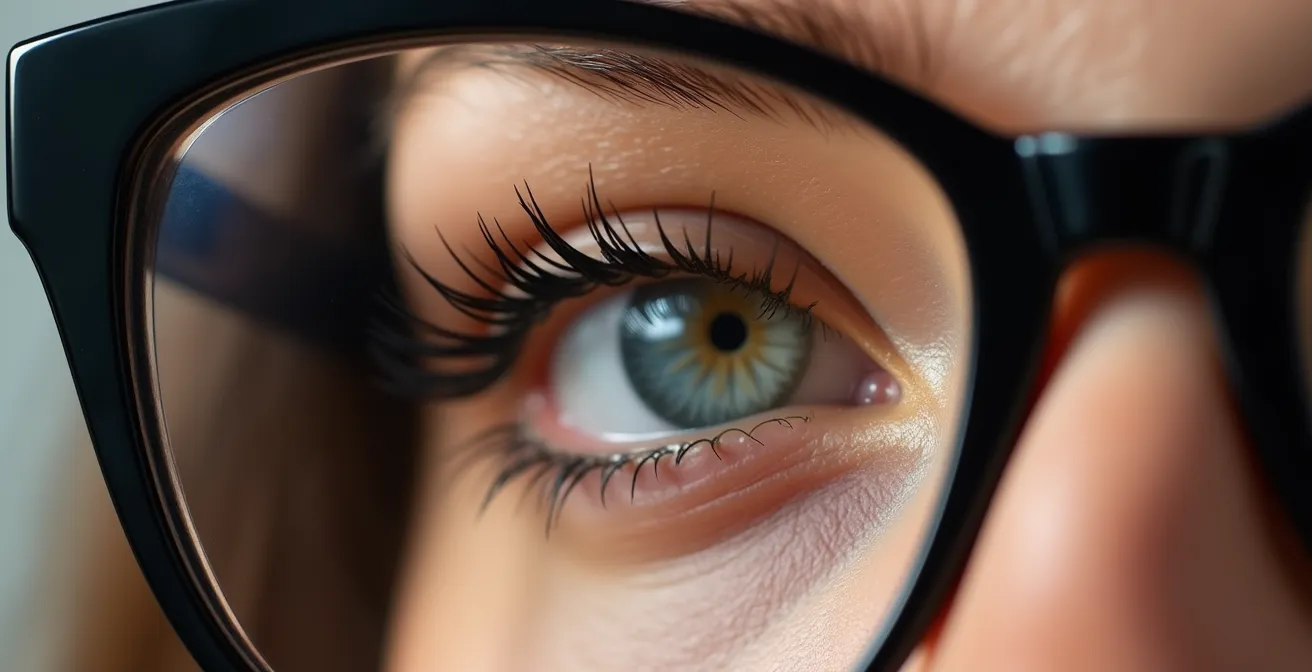 Detalle macro del ojo con técnica tightlining bajo gafas cat-eye