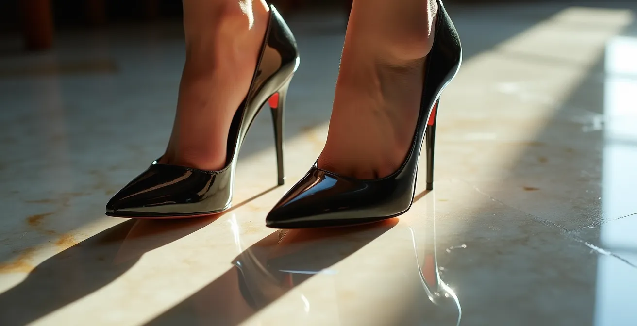 Detalle macro de tacón stiletto con tapa de goma profesional antideslizante