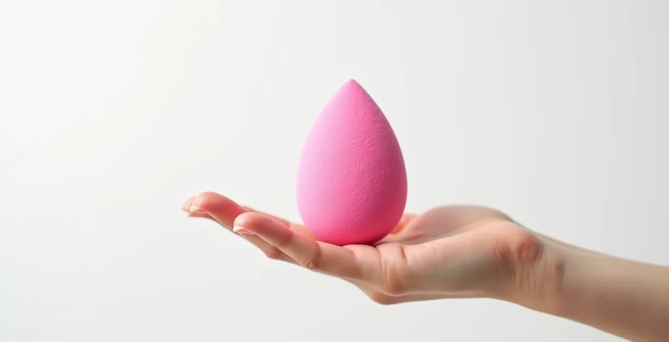 Mano sosteniendo una esponja de maquillaje rosa húmeda, preparada para aplicar base y lograr un acabado natural en la piel.