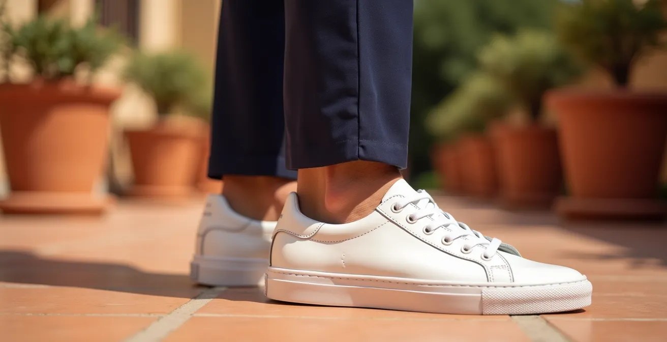 Estilo mediterráneo con tobillo al aire, zapatillas blancas y pantalón de traje azul