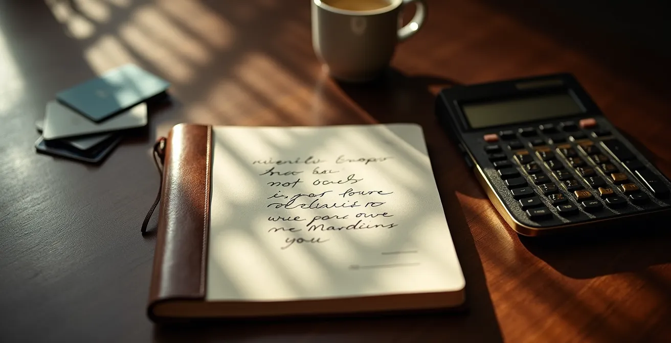 Mesa con lista manuscrita de prendas deseadas junto a calculadora y tarjetas de crédito borrosas