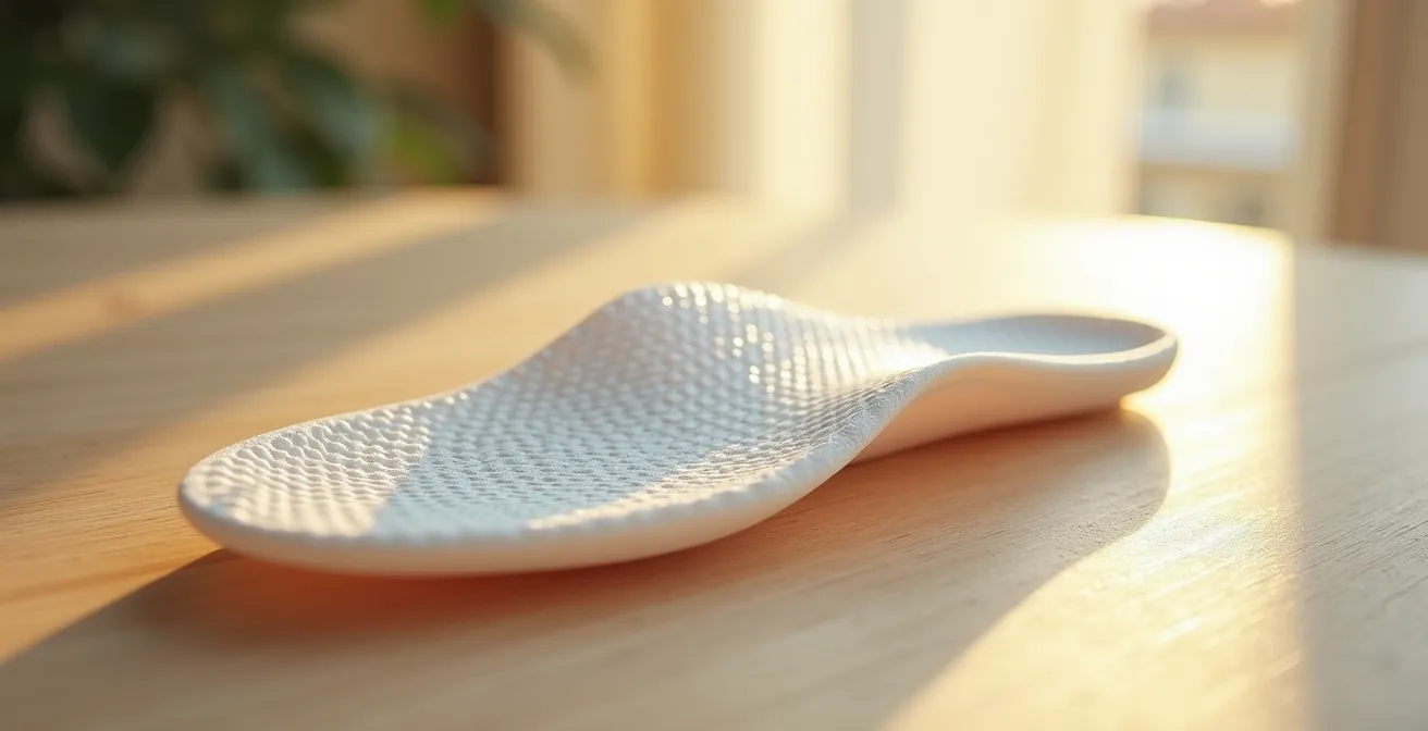 Vista macro detallada de plantilla ortopédica personalizada sobre superficie de madera clara