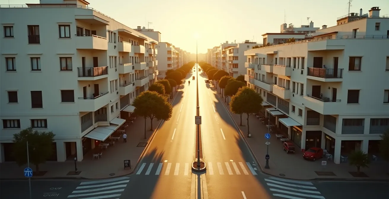 Vista aérea de una ciudad española mostrando los trayectos cotidianos bajo el sol
