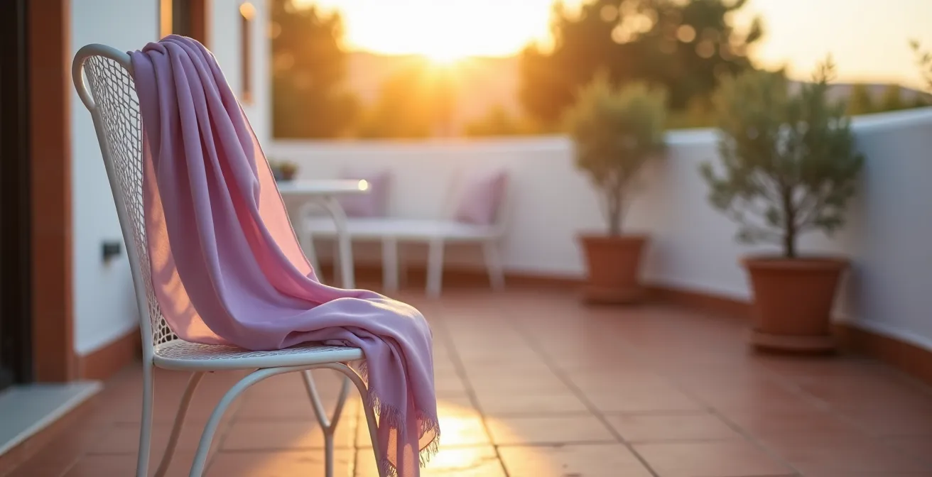 Fular ligero de seda y modal sobre los hombros en ambiente de terraza veraniega