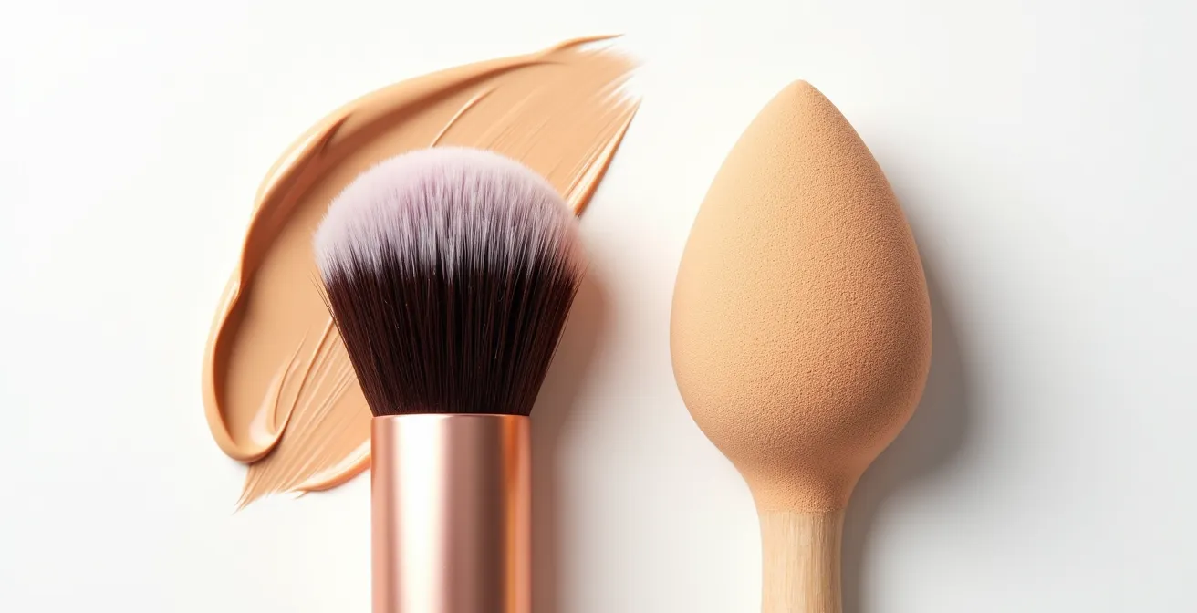 Comparación visual de brocha kabuki y esponja húmeda para aplicación de base