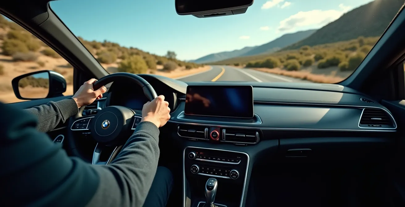 Interior de coche mostrando pantalla GPS desde ángulo lateral con efecto de polarización