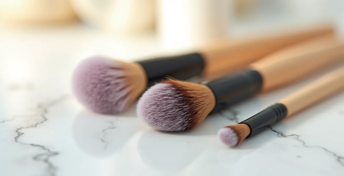 Tres brochas de maquillaje profesionales esenciales para principiantes sobre una superficie de mármol blanco