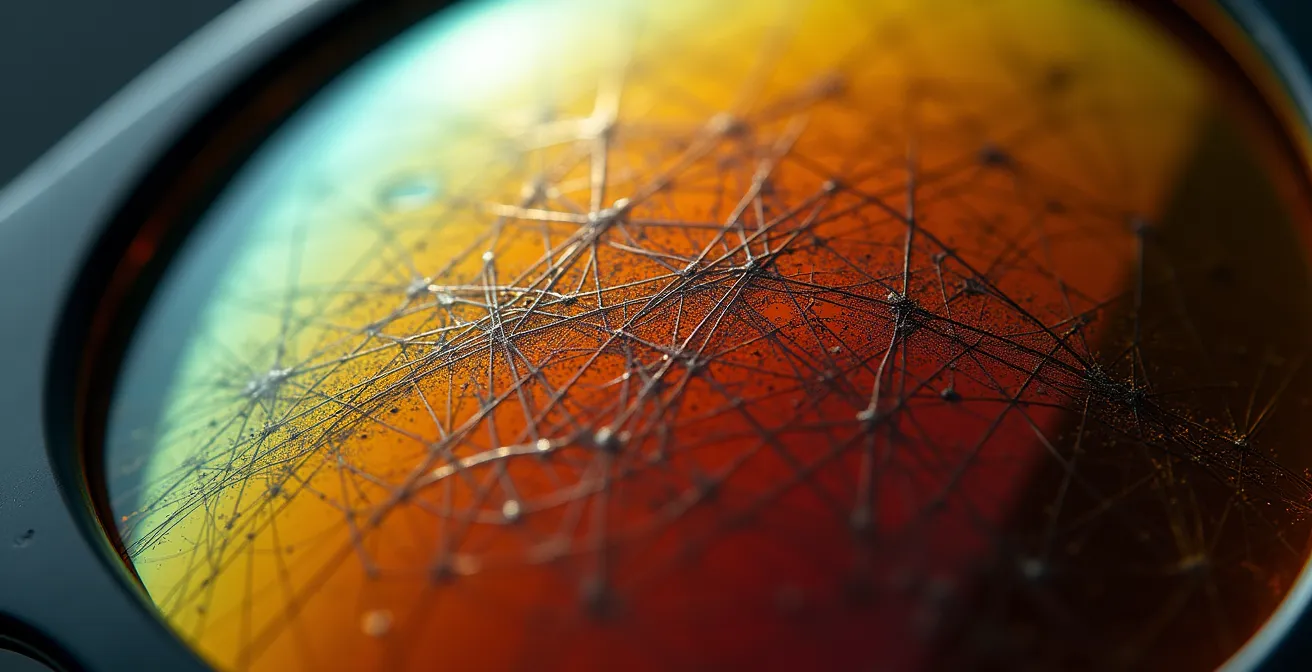 Detalle macro de una lente de gafa de sol rayada mostrando el daño en las capas del filtro