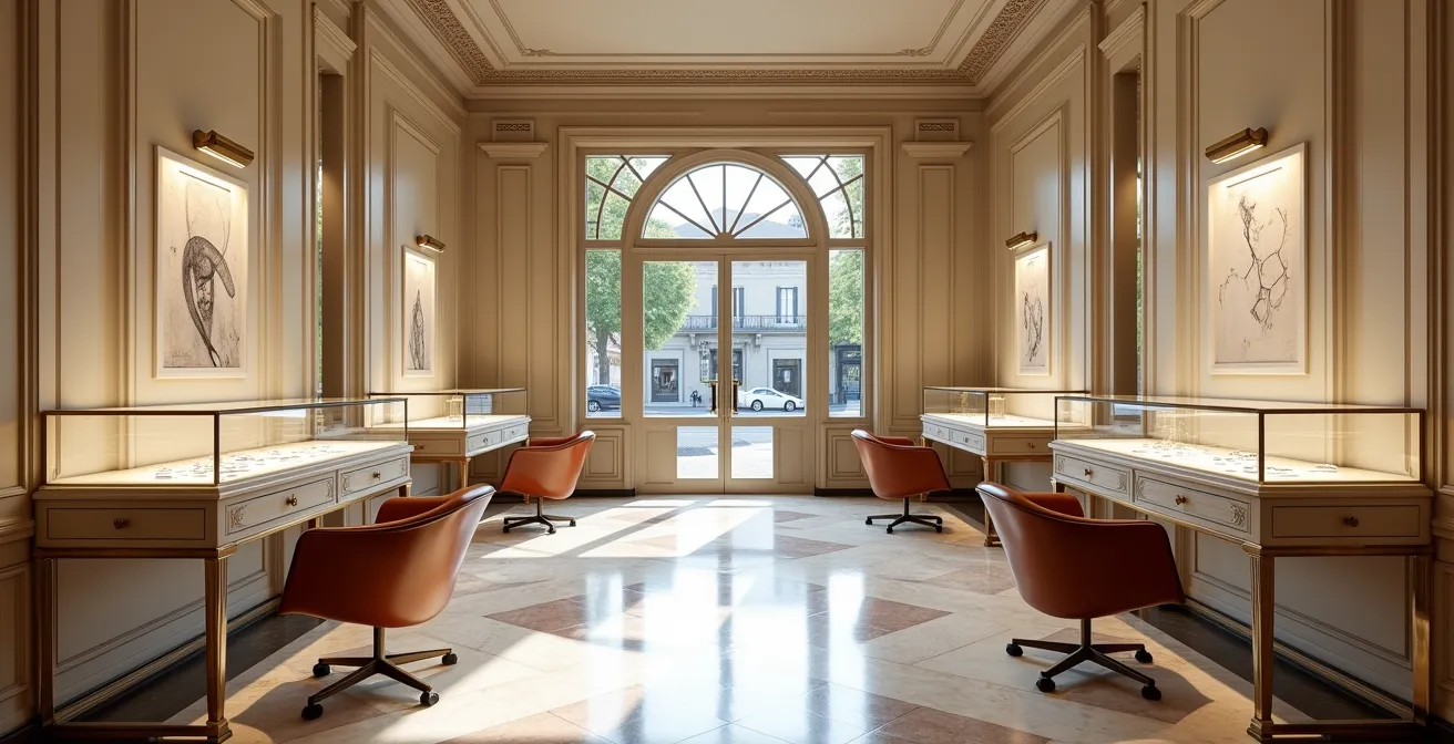 Interior elegante de joyería de lujo en Madrid con vitrinas vacías sugiriendo escasez