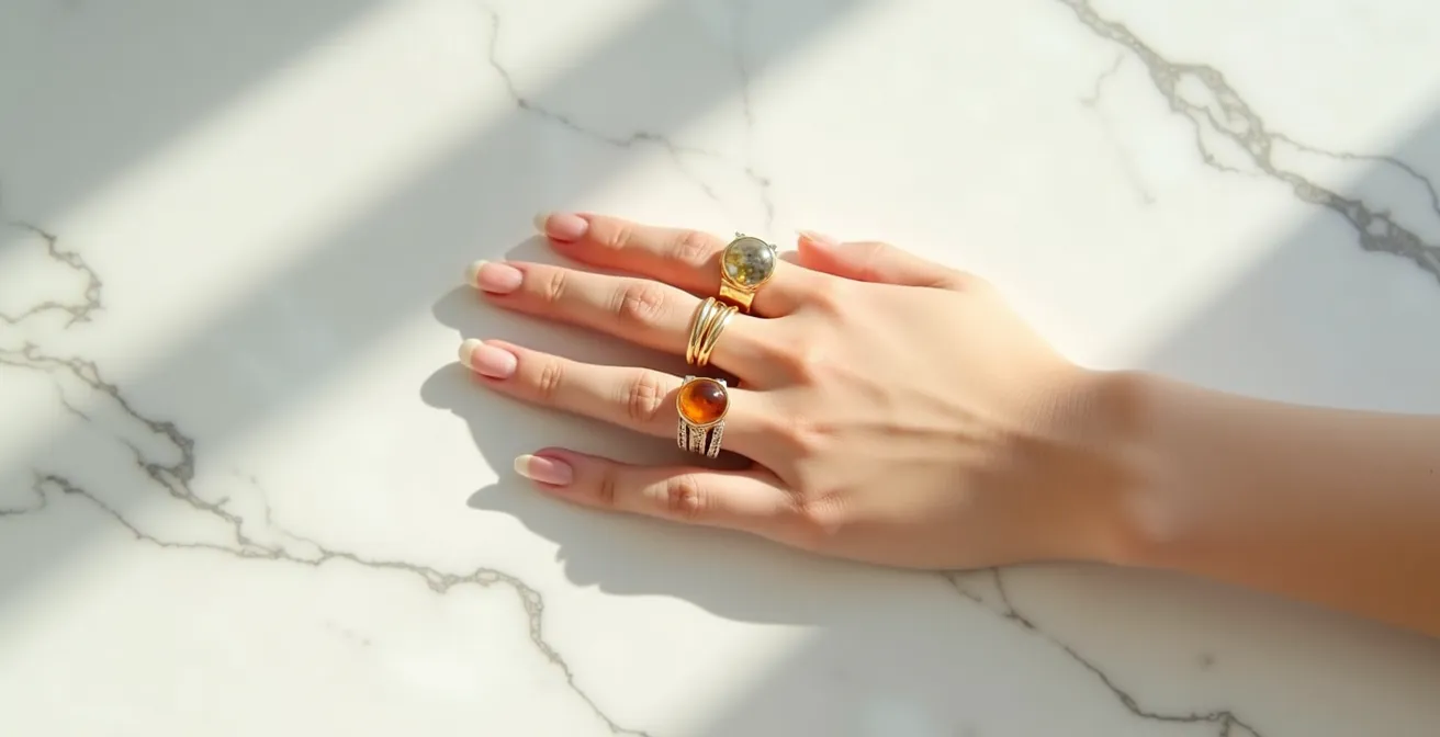 Mano femenina con múltiples anillos dorados combinados elegantemente mostrando equilibrio visual
