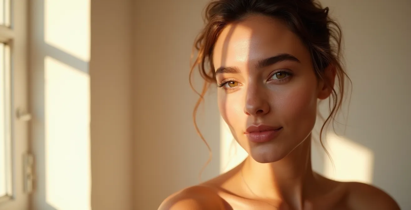 Mapa facial mostrando diferentes zonas de hidratación en un rostro de mujer con luz natural mediterránea