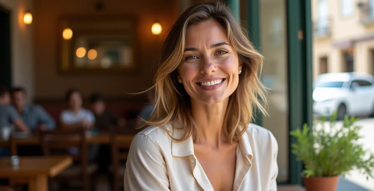 Mujer de más de 30 años luciendo pantalones de tiro bajo con confianza y una blusa elegante.