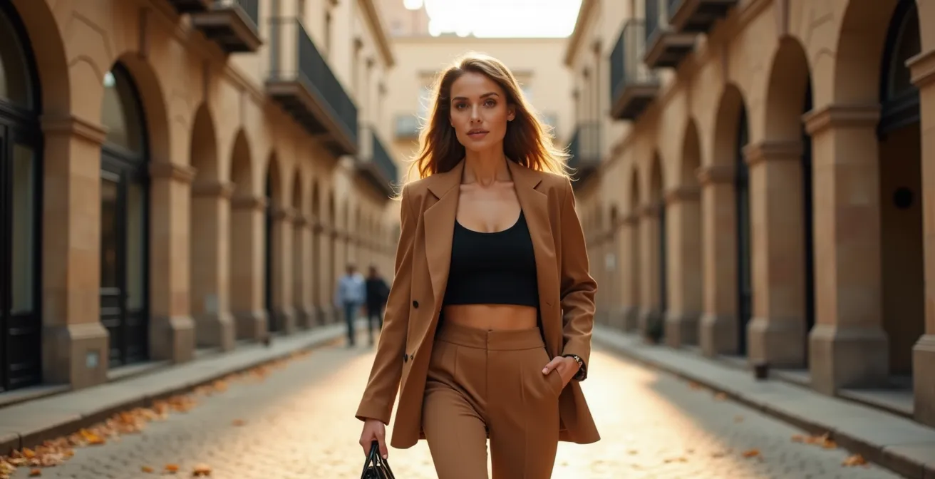 Mujer elegante con crop top negro bajo blazer oversize en ambiente urbano otoñal