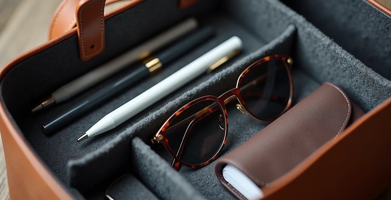 Detalle de organizador de fieltro con múltiples compartimentos dentro de bolso de piel