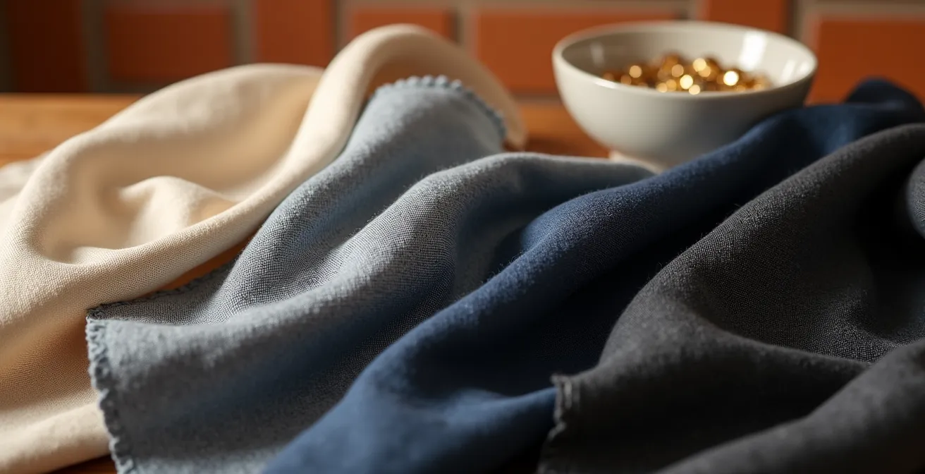 Telas en tonos neutros dispuestas en gradiente con luz natural mediterránea