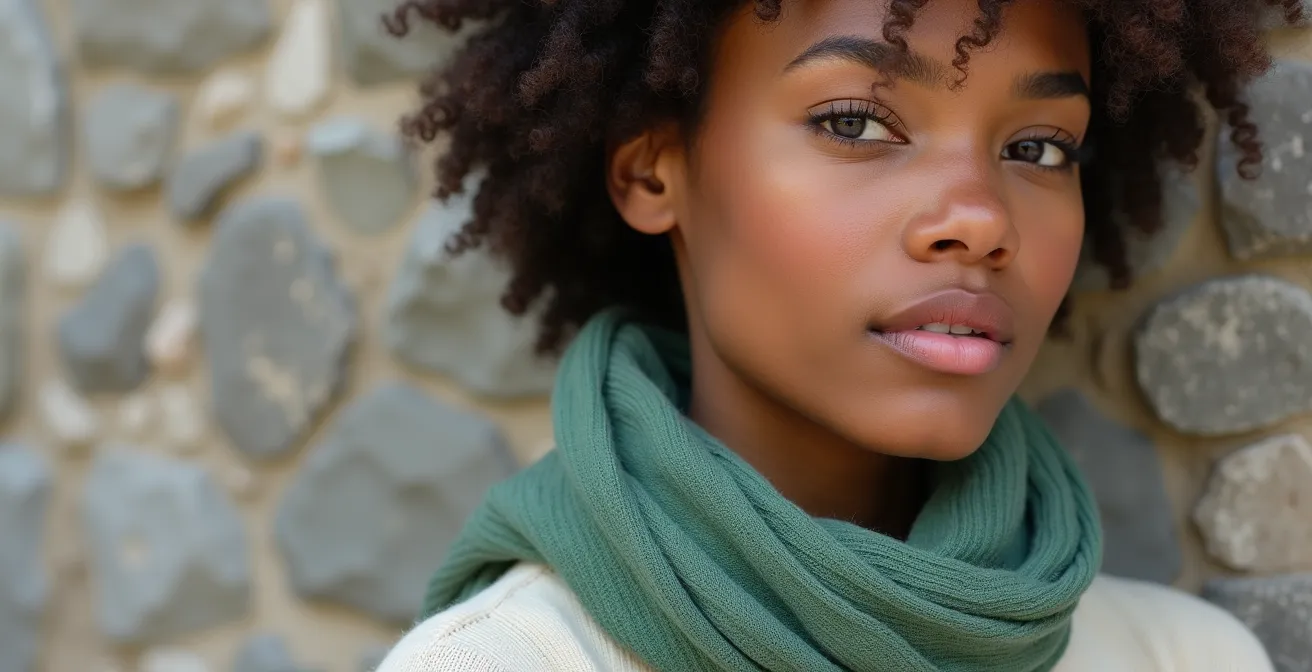 Retrato con bufanda verde eucalipto y jersey crema bajo luz difusa invernal