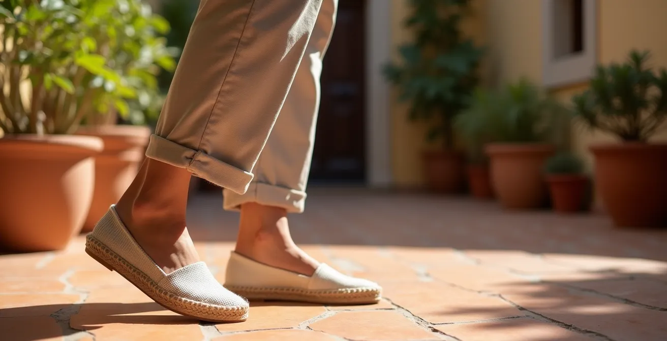 Piernas con pantalón tobillero y bailarinas sobre suelo mediterráneo