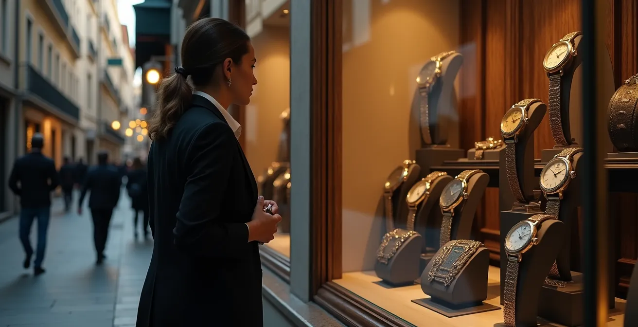 Mano observando relojes automáticos en escaparate de joyería española con reflejos de calle