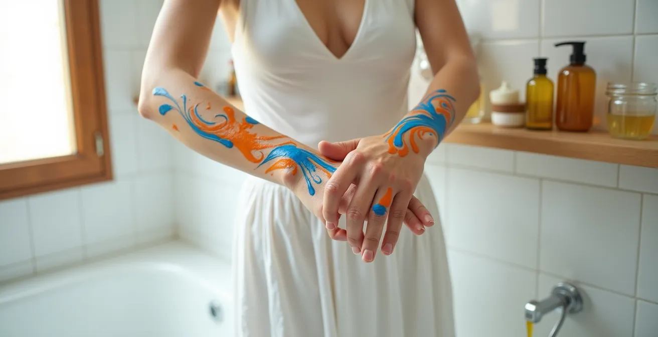 Manos aplicando aceite sobre piel pintada para remover pintura corporal de forma suave