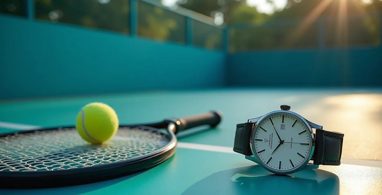 Pista de pádel española con raqueta y pelota, reloj elegante en primer plano sobre banco