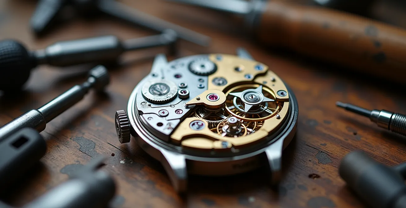 Mesa de trabajo de relojero español con herramientas profesionales y movimiento de reloj
