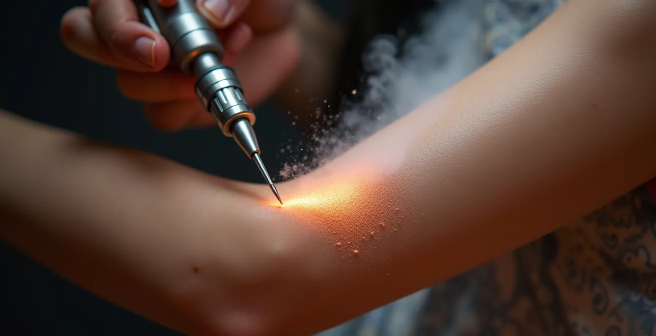 Artista profesional aplicando pintura corporal con aerógrafo en el brazo de una modelo