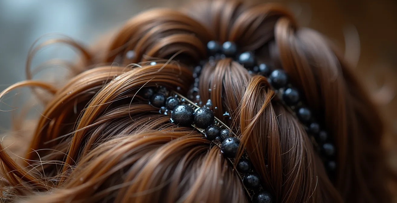 Vista cenital de cabello húmedo dividido en secciones con clips profesionales mostrando la técnica de capas