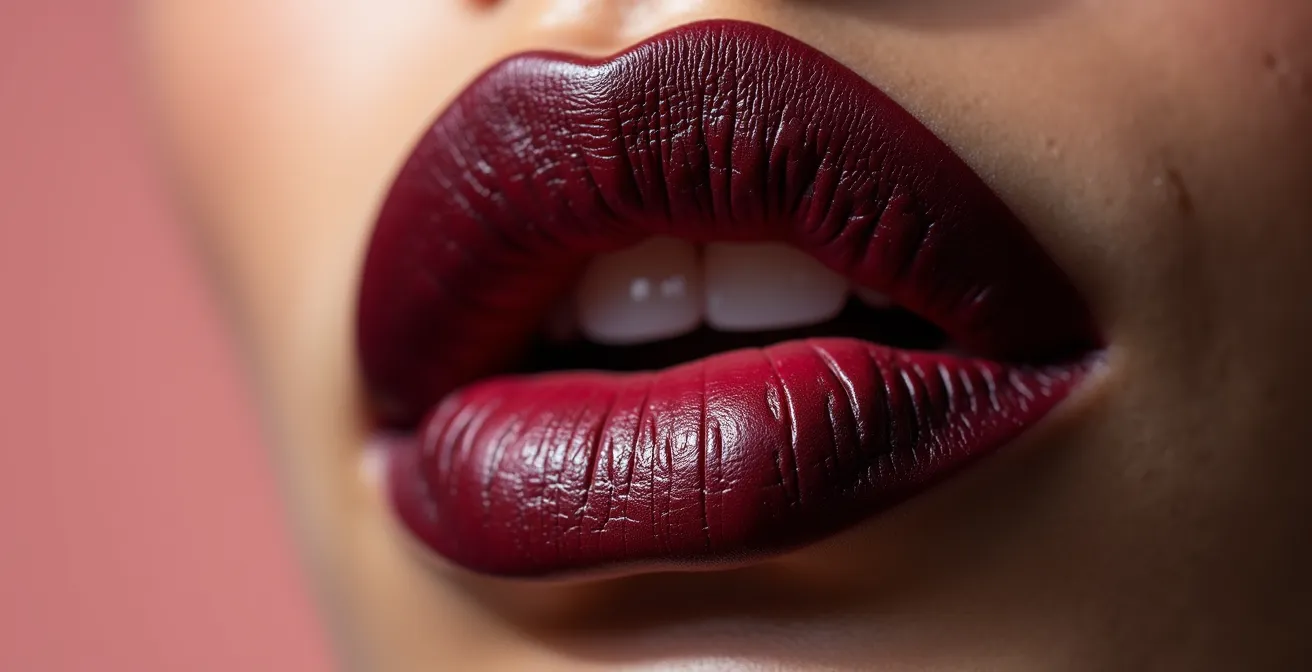 Aplicación de labial oscuro mate con técnica ombré para crear efecto de volumen