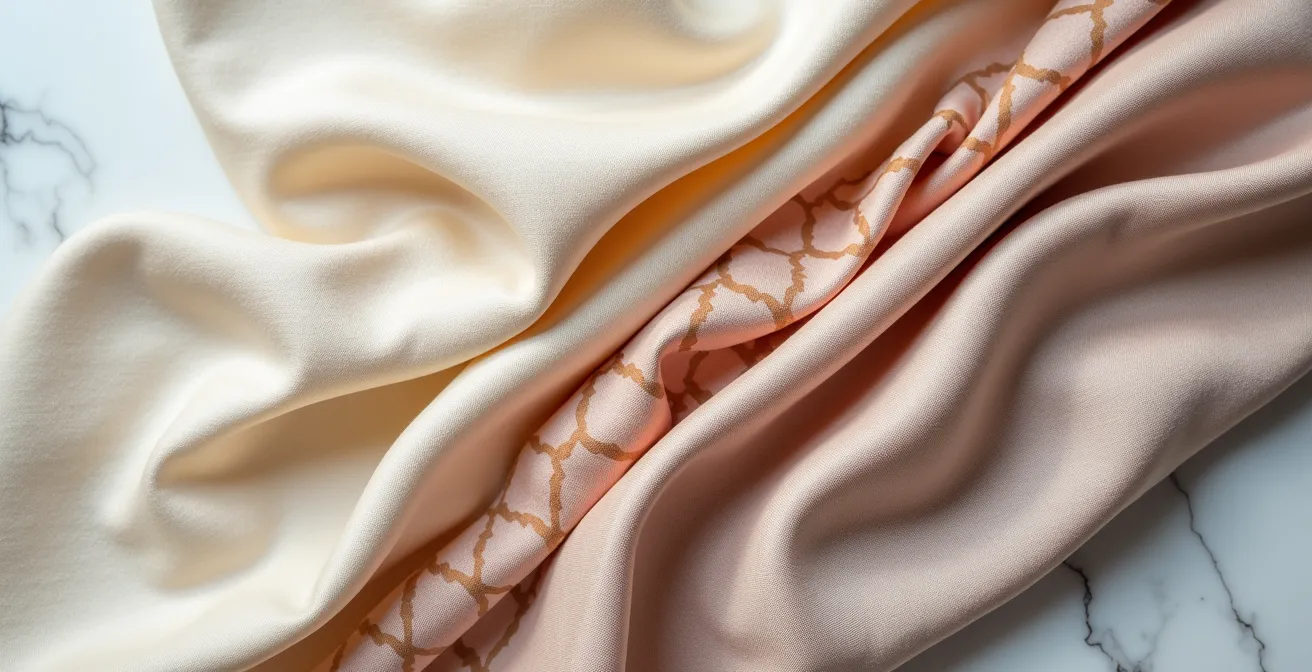 Detalle macro de diferentes tejidos de lujo para crop tops sobre superficie neutra