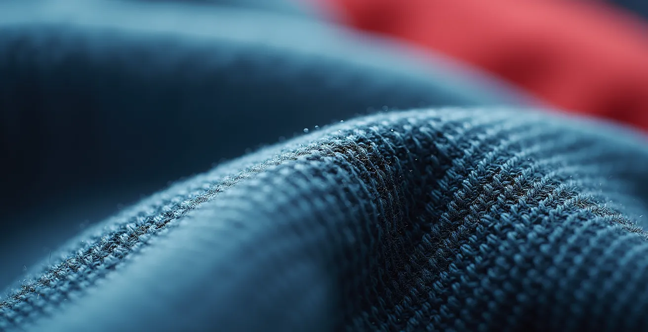 Detalle macro del tejido de leggings mostrando la estructura de fibras resistente al pilling