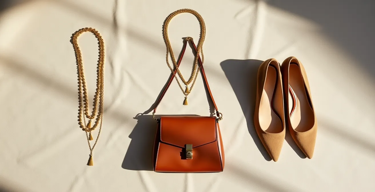 Composición artística mostrando el concepto del triángulo visual con tres accesorios: un collar, un bolso y unos zapatos dispuestos en forma de triángulo.