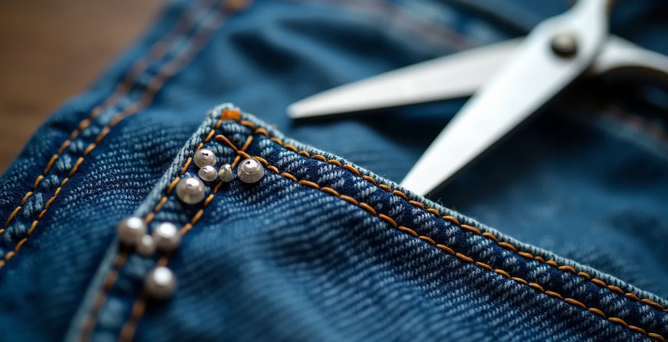 Detalle macro de customización con strass y modificación de corte en denim