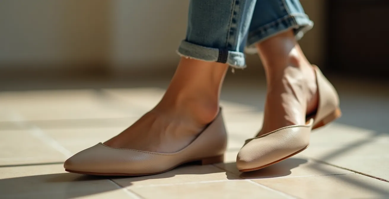 Detalle de zapatos de punta con pantalones de tiro bajo que alargan visualmente la pierna.